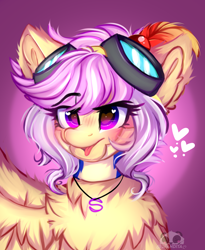 Size: 1110x1356 | Tagged: safe, artist:2pandita, oc, oc only, oc:tender mist, pegasus, pony, chest fluff, ear fluff, female, fluffy, goggles, heart, heart eyes, mare, solo, tongue out, wingding eyes