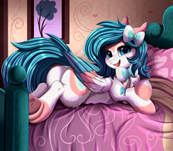 Size: 3469x3041 | Tagged: safe, artist:pridark, oc, oc only, oc:fairy wind, pegasus, pony, bed, bow, bowtie, butt, female, frog (hoof), hair bow, high res, lying down, pillow, plot, prone, solo, underhoof, wings