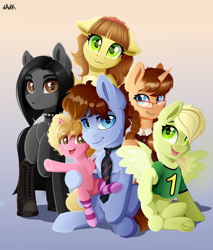 Size: 4000x4700 | Tagged: safe, artist:rainbowfire, oc, earth pony, pegasus, pony, unicorn, :3, :p, blue eyes, brown eyes, clothes, collar, cute, daddy's daughters, disbanded, family, female, floppy ears, glasses, goth, green eyes, grin, group shot, horn, jacket, jersey, jewelry, looking at each other, looking at someone, looking at you, male, mare, necktie, open mouth, raised hoof, simple background, smiling, spread wings, stallion, tongue out, wings
