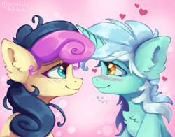 Size: 2000x1571 | Tagged: safe, artist:mochalula, bon bon, lyra heartstrings, sweetie drops, earth pony, pony, unicorn, g4, adorabon, blushing, chest fluff, cute, duo, duo female, ear fluff, female, happy, heart, lesbian, looking into each others eyes, lyrabetes, mare, ship:lyrabon, shipping, simple background, smiling