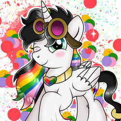 Size: 1024x1024 | Tagged: safe, artist:doraeartdreams-aspy, oc, oc only, oc:lightning bliss, alicorn, pony, abstract background, alicorn oc, aviator goggles, cute, goggles, horn, jewelry, lightning bliss's magic lessons, lightning bliss's magic lessons:the magic satchel, necklace, ocbetes, ring, solo, tail, tail ring, wings