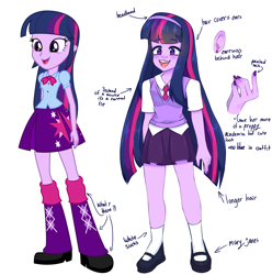Size: 3239x3265 | Tagged: safe, alternate version, artist:diameltzowo, twilight sparkle, human, equestria girls, g4, clothes, ear piercing, earring, headband, high res, jewelry, mary janes, necktie, painted nails, piercing, redesign, shoes, simple background, skirt, socks, sweater vest, white background