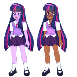 Size: 3239x3265 | Tagged: safe, artist:diameltzowo, twilight sparkle, human, g4, clothes, dark skin, ear piercing, earring, female, happy, headband, high res, humanized, jewelry, necktie, painted nails, piercing, purple skin, side by side, simple background, skirt, socks, sweater vest, white background
