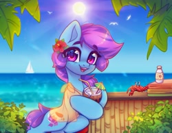 Size: 4000x3100 | Tagged: safe, artist:radioaxi, oc, oc only, oc:nohra, crab, earth pony, pony, coconut cup, earth pony oc, eyebrows, eyebrows visible through hair, female, flower, flower in hair, high res, hoof hold, looking at you, mare, ocean, open mouth, open smile, outdoors, smiling, solo, sun, water, watermark