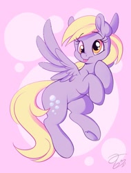 Size: 570x750 | Tagged: safe, artist:tamabel, derpy hooves, pegasus, pony, g4, cute, derpabetes, female, flying, mare, smiling, solo, tongue out, underhoof