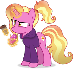 Size: 4602x4384 | Tagged: safe, artist:anime-equestria, luster dawn, pony, unicorn, g4, the last problem, clothes, coffee, coffee cup, cup, donut, female, food, hoodie, horn, levitation, magic, mare, morning ponies, ponytail, simple background, solo, telekinesis, tired, transparent background, vector
