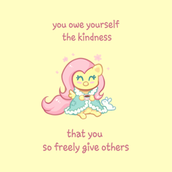 Size: 4000x4000 | Tagged: safe, artist:confetticakez, fluttershy, pegasus, pony, bathrobe, blushing, clothes, cup, cute, dressing gown, eyes closed, female, food, mare, motivational, positive message, positive ponies, robe, shyabetes, simple background, solo, tea, yellow background