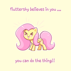 Size: 4000x4000 | Tagged: safe, artist:confetticakez, fluttershy, pegasus, pony, >.<, ><, blushing, cheering, cute, eyes closed, female, mare, motivational, open mouth, positive message, positive ponies, shyabetes, simple background, solo, yellow background