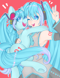 Size: 2975x3850 | Tagged: safe, artist:cartelevision, earth pony, human, pony, anime, butt, clothes, female, hatsune miku, high res, holding a pony, human ponidox, mare, one eye closed, open mouth, open smile, peace sign, plot, ponified, self paradox, self ponidox, skirt, smiling, underhoof, vocaloid, wink