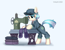 Size: 3456x2688 | Tagged: safe, artist:vinilyart, coco pommel, earth pony, pony, g4, alternate timeline, bags under eyes, clothes, crystal war timeline, female, high res, mare, military uniform, sewing, sewing machine, simple background, solo, uniform