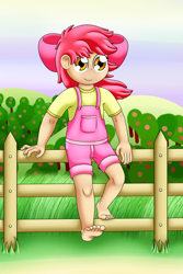 Size: 2500x3750 | Tagged: safe, artist:pvryohei, apple bloom, human, g4, barefoot, bow, clothes, feet, fence, grass, high res, humanized, overalls, shirt, smiling, tree, wind