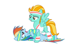 Size: 2732x1755 | Tagged: safe, artist:xcosmicghostx, lightning dust, rainbow dash, pegasus, pony, g4, angry, bedroom eyes, clothes, duo, female, headband, lesbian, lying down, mare, on back, open mouth, pinned down, ship:rainbowdust, shipping, simple background, sweatband, tank top, transparent background