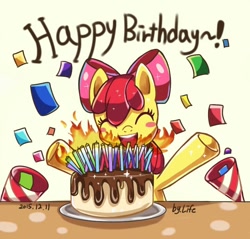 Size: 720x687 | Tagged: safe, artist:hp770012, apple bloom, earth pony, pony, g4, adorabloom, blushing, cake, candle, cute, eyes closed, female, filly, foal, food, happy, happy birthday, party popper, solo, text