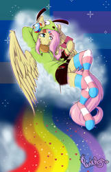 Size: 1200x1855 | Tagged: safe, artist:punk-pegasus, fluttershy, pegasus, semi-anthro, antonymph, cutiemarks (and the things that bind us), vylet pony, g4, arm hooves, bracelet, clothes, ear piercing, earring, female, fluttgirshy, food, gir, hairclip, headphones, hoodie, invader zim, jewelry, nintendo ds, pansexual pride flag, piercing, pocky, pride, pride flag, pride socks, pubic fluff, rainbow, socks, solo, stockings, striped socks, thigh highs, trans fluttershy, transgender, transgender pride flag, waffle, wings