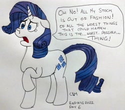 Size: 3075x2717 | Tagged: safe, artist:rapidsnap, rarity, pony, unicorn, g4, atg 2022, female, high res, mare, newbie artist training grounds, scared, solo, speech bubble, traditional art