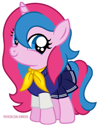 Size: 700x894 | Tagged: safe, artist:jennieoo, oc, oc:star sparkle, pony, unicorn, clothes, cute, female, filly, foal, happy, looking at you, ribbon, school uniform, show accurate, simple background, skirt, smiling, smiling at you, solo, transparent background, vector