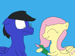 Size: 2000x1500 | Tagged: safe, artist:blazewing, fluttershy, oc, oc:blazewing, pegasus, pony, snake, g4, atg 2022, blue background, colored background, drawpile, eyes closed, female, glasses, male, mare, newbie artist training grounds, ophidiophobia, scared, simple background, smiling, stallion, wide eyes