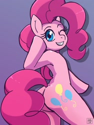 Size: 1599x2118 | Tagged: safe, artist:deathzera, pinkie pie, earth pony, pony, semi-anthro, g4, arm hooves, balloonbutt, butt, female, grin, looking at you, looking back, looking back at you, one eye closed, plot, simple background, smiling, smiling at you, solo, wink, winking at you