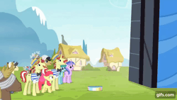 Size: 640x360 | Tagged: safe, screencap, apple bloom, flam, flim, granny smith, earth pony, pony, unicorn, g4, leap of faith, season 4, animated, apple bloom's bow, bow, brothers, female, filly, flim flam brothers, foal, gif, gifs.com, hair bow, male, mare, open mouth, siblings, stallion