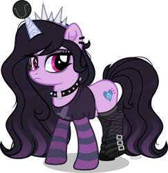 Size: 7000x7195 | Tagged: safe, artist:n0kkun, izzy moonbow, pony, unicorn, g4, g5, alternate hairstyle, ball, boots, choker, clothes, ear piercing, earring, eyeshadow, female, fishnet stockings, g5 to g4, generation leap, goth, goth izzy, hairband, horn, hornball, izzy's tennis ball, jewelry, makeup, mare, nose piercing, piercing, raised leg, shirt, shoes, simple background, socks, solo, striped socks, t-shirt, tennis ball, transparent background