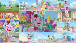 Size: 1280x721 | Tagged: safe, edit, edited screencap, editor:quoterific, screencap, dahlia, hitch trailblazer, izzy moonbow, mcsnips-a-lot, posey bloom, sunny starscout, bunnycorn, crab, earth pony, pony, rabbit, unicorn, clip trot, dumpster diving, foal me once, g5, maretime bay day 2.0, my little pony: tell your tale, neighfever, the unboxing of izzy, spoiler:g5, spoiler:my little pony: tell your tale, spoiler:tyts01e06, spoiler:tyts01e07, spoiler:tyts01e08, spoiler:tyts01e11, spoiler:tyts01e13, spoiler:tyts01e16, cellphone, eyes closed, female, lip bite, male, mane stripe sunny, mare, open mouth, open smile, phone, smartphone, smiling, stallion, sunglasses, text
