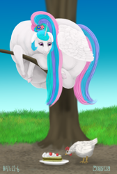 Size: 1006x1500 | Tagged: safe, artist:soobel, princess celestia, alicorn, bird, chicken, pony, between dark and dawn, alektorophobia, cake, cakelestia, chubbylestia, fat, female, flower, flower in hair, food, grass, mare, morbidly obese, obese, that princess sure is afraid of chickens, tree, tree branch