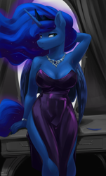 Size: 2981x4950 | Tagged: safe, artist:kelkessel, princess luna, alicorn, anthro, arm behind head, black dress, breasts, busty princess luna, cleavage, clothes, crown, dress, ethereal mane, ethereal tail, female, horn, jewelry, looking at you, necklace, regalia, solo, stupid sexy princess luna, tail, wings