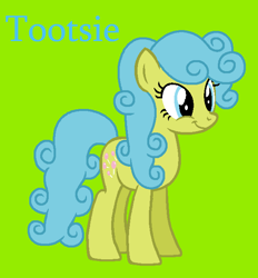 Size: 610x656 | Tagged: safe, artist:jigglewiggleinthepigglywiggle, tootsie, earth pony, pony, g1, g4, adorable face, blue eyes, blue hair, blue mane, blue tail, blue text, curly hair, curly mane, curly tail, cute, diatoots, female, g1 to g4, generation leap, green background, mare, simple background, smiling, solo, tail, text