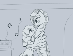Size: 1920x1500 | Tagged: safe, artist:storyteller, oc, oc:iin, oc:rowdy spout, pegasus, pony, zebra, dancing, female, grayscale, height difference, hug, looking at each other, looking at someone, mare, monochrome, music notes, shipping, size difference, sketch, smiling, standing, winghug, wings