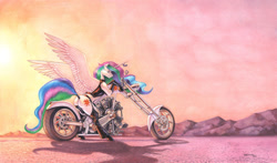 Size: 1900x1116 | Tagged: safe, artist:baron engel, princess celestia, alicorn, pony, g4, biker, butt, female, leather, leather vest, looking at you, looking back, looking back at you, mare, motorcycle, plot, rear view, smiling, smiling at you, solo, spread wings, sunbutt, traditional art, wing hole, wings