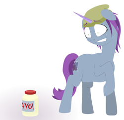 Size: 1999x1928 | Tagged: safe, artist:thaneofkovdor, mint grove, pony, unicorn, g5, atg 2022, background pony, bing bong, female, food, hat, mare, mayonnaise, newbie artist training grounds, sauce, scared, simple background, solo, vector