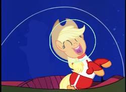 Size: 656x480 | Tagged: safe, artist:guihercharly, applejack, g4, applelynn, astrojack, crossover, driving, glass dome, laughing, lynn loud, space, space car, space helmet, the jetsons, the loud house