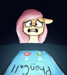 Size: 1833x2048 | Tagged: safe, artist:phutashi, fluttershy, pegasus, pony, g4, anxiety, atg 2022, black background, cellphone, fear, female, floppy ears, gritted teeth, mare, misspelling, newbie artist training grounds, phone, phone call, simple background, smartphone, solo, teeth