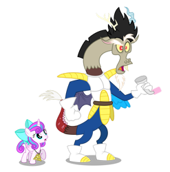 Size: 1920x1942 | Tagged: safe, artist:aleximusprime, discord, princess flurry heart, alicorn, draconequus, pony, saiyan, flurry heart's story, g4, armor, boots, clothes, crossover, dragon ball, dragon ball z, female, filly, foal, funny, gloves, male, over 9000, pendant of restoration, pop culture reference, reference, reference to another series, scorpan's necklace, scouter, shoes, simple background, spikey mane, spiky hair, tirek vs scorpan, transparent background, vegeta