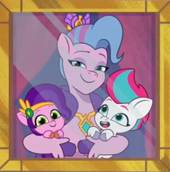 Size: 345x349 | Tagged: safe, screencap, pipp petals, queen haven, zipp storm, pegasus, pony, g5, my little pony: tell your tale, queens for a day, spoiler:g5, spoiler:my little pony: tell your tale, spoiler:tyts01e17, adorapipp, adorazipp, continuity error, cute, family photo, female, filly, filly pipp petals, filly zipp storm, happy, headband, mare, mother and child, mother and daughter, royal sisters (g5), siblings, sisters, smiling, younger