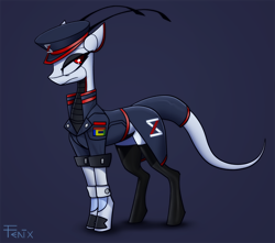 Size: 3600x3181 | Tagged: safe, artist:fenixdust, oc, oc only, oc:xr-47 primax, android, pony, robot, robot pony, antenna, black socks, boots, clothes, colored belly, commander, dark belly, equine, fenixdust didn't use hockless socks, formal, formal wear, futuristic, hat, high res, logo, machine, mecha, mechanic, military, military uniform, quadrupedal, red eyes, reverse countershading, shoes, simple background, slender, socks, standing, suit, tail, tall, thigh highs, thin, uniform, xenestra corporation