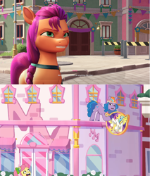 Size: 1368x1602 | Tagged: safe, edit, screencap, izzy moonbow, posey bloom, sunny starscout, pony, unicorn, dumpster diving, g5, my little pony: a maretime bay adventure, my little pony: tell your tale, spoiler:g5, spoiler:my little pony: tell your tale, spoiler:tyts01e13, female, game screencap, izzy would never do anything like that, mare