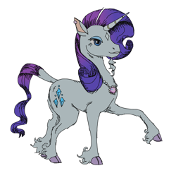 Size: 1280x1252 | Tagged: safe, artist:mpregnaruto, rarity, classical unicorn, pony, unicorn, g4, butt, cloven hooves, coat markings, ear piercing, facial hair, facial markings, goatee, horn, jewelry, leonine tail, necklace, piercing, plot, redesign, simple background, solo, star (coat marking), unshorn fetlocks, white background