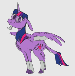 Size: 1196x1216 | Tagged: safe, artist:mpregnaruto, twilight sparkle, alicorn, pony, g4, coat markings, colored sketch, facial hair, floppy ears, glasses, goatee, leonine tail, redesign, simple background, sketch, socks (coat markings), solo, tail, twilight sparkle (alicorn)
