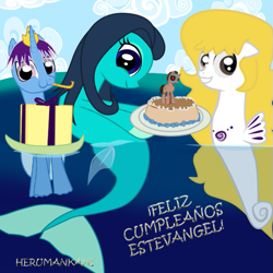 Size: 567x567 | Tagged: safe, artist:herumankahi, oc, oc:prettywave, oc:prince arion, oc:silvernaqua, merpony, sea pony, seapony (g4), birthday, cake, food, ocean, present, water