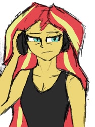Size: 960x1280 | Tagged: safe, artist:peel_a_na, sunset shimmer, human, g4, bare shoulders, clothes, headphones, humanized, simple background, sleeveless, solo, sunset shimmer is not amused, tank top, tired, unamused, white background