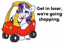 Size: 4000x2737 | Tagged: safe, artist:partypievt, rarity, pony, unicorn, g4, bipedal, cozy coupe, dialogue, female, get in loser, mare, mean girls, simple background, solo, talking to viewer, white background