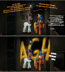 Size: 1280x1408 | Tagged: safe, artist:hiddelgreyk, oc, earth pony, ghost, ghost pony, pegasus, pony, undead, atg 2022, blue eyes, blue mane, brown coat, clothes, comic, complex background, dialogue, duo, female, green eyes, hallway, light, lisa (p.t.), looking at each other, looking at someone, male, mare, microphone, newbie artist training grounds, nightgown, p.t, pegasus oc, ponies in video games, scared, screaming, signature, silent hills, smiling, stallion, surprised, talking, tempting fate