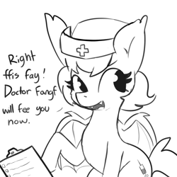 Size: 2250x2250 | Tagged: safe, artist:tjpones, oc, oc only, bat pony, pony, bat pony oc, black and white, clipboard, fangs, female, grayscale, hat, high res, lisp, mare, monochrome, nurse, nurse hat, simple background, solo, white background