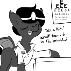 Size: 2250x2250 | Tagged: safe, artist:tjpones, oc, oc only, oc:doctor fangf, bat pony, pony, bat pony oc, black and white, doctor, eeee, eye chart, eyes closed, grayscale, high res, lisp, male, monochrome, solo, stallion, talking to viewer
