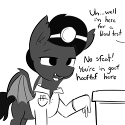 Size: 2250x2250 | Tagged: safe, artist:tjpones, oc, oc:doctor fangf, bat pony, pony, bat pony oc, black and white, dialogue, doctor, fangs, gloves, grayscale, high res, lisp, male, monochrome, offscreen character, rubber gloves, solo, stallion