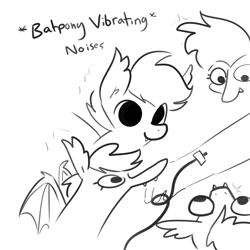 Size: 2250x2250 | Tagged: safe, artist:tjpones, oc, oc only, bat pony, human, pony, bat pony oc, black and white, descriptive noise, fangs, grayscale, high res, iv, monochrome, offscreen character, phlebotomy, simple background, stare, vibrating, white background