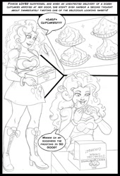 Size: 900x1327 | Tagged: safe, artist:arania, part of a set, pinkie pie, human, comic:pinkie's cupcakes, equestria girls, g4, comic, cupcake, dialogue, female, food, grayscale, human female, human to anthro, monochrome, pencil drawing, solo, speech bubble, traditional art, transformation, transformation sequence