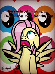 Size: 768x1024 | Tagged: safe, artist:windy breeze, fluttershy, pegasus, pony, g4, hurricane fluttershy, anxiety, blue eyes, eye, eyeball, eyes, panic attack, pink mane, scared, scene interpretation, signature, spread wings, wings, yellow coat