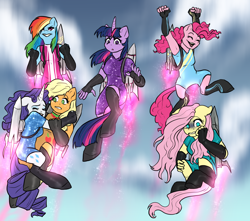 Size: 1700x1500 | Tagged: source needed, safe, artist:not-ordinary-pony, applejack, fluttershy, pinkie pie, rainbow dash, rarity, twilight sparkle, anthro, g4, boots, clothes, cloud, fear, female, flying, happy, jetpack, lesbian, mane six, scared, ship:rarijack, shipping, shoes, sky, sky background, socks, stockings, thigh highs